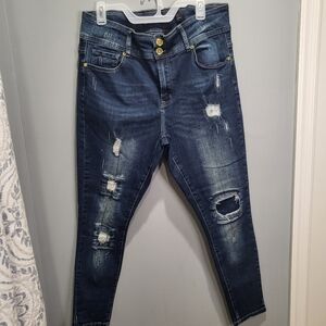 Chic city denim dark wash distressed some fading ankle skinny jeans